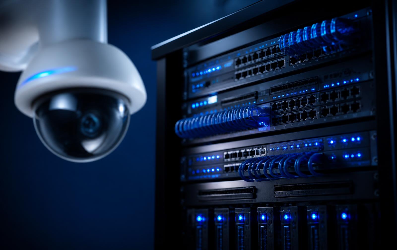 CCTV dome camera with network switches and cabling