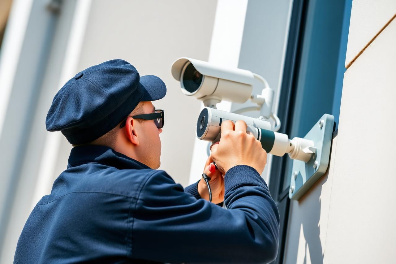 Technician installing a CCTV camera